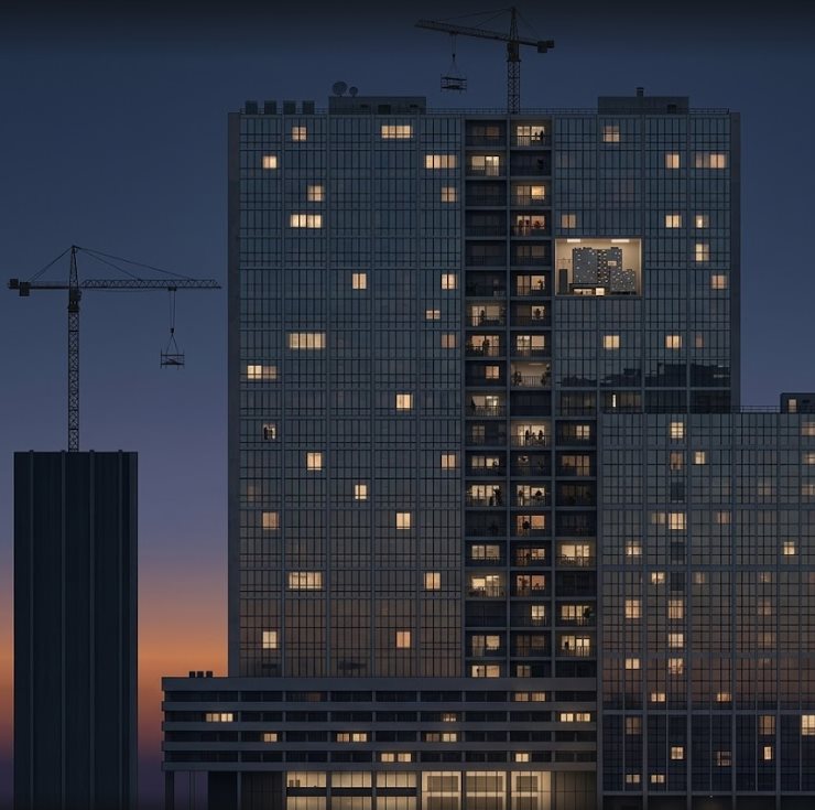 Monumentale Sichtbeton- und Glasarchitektur in der Abenddämmerung